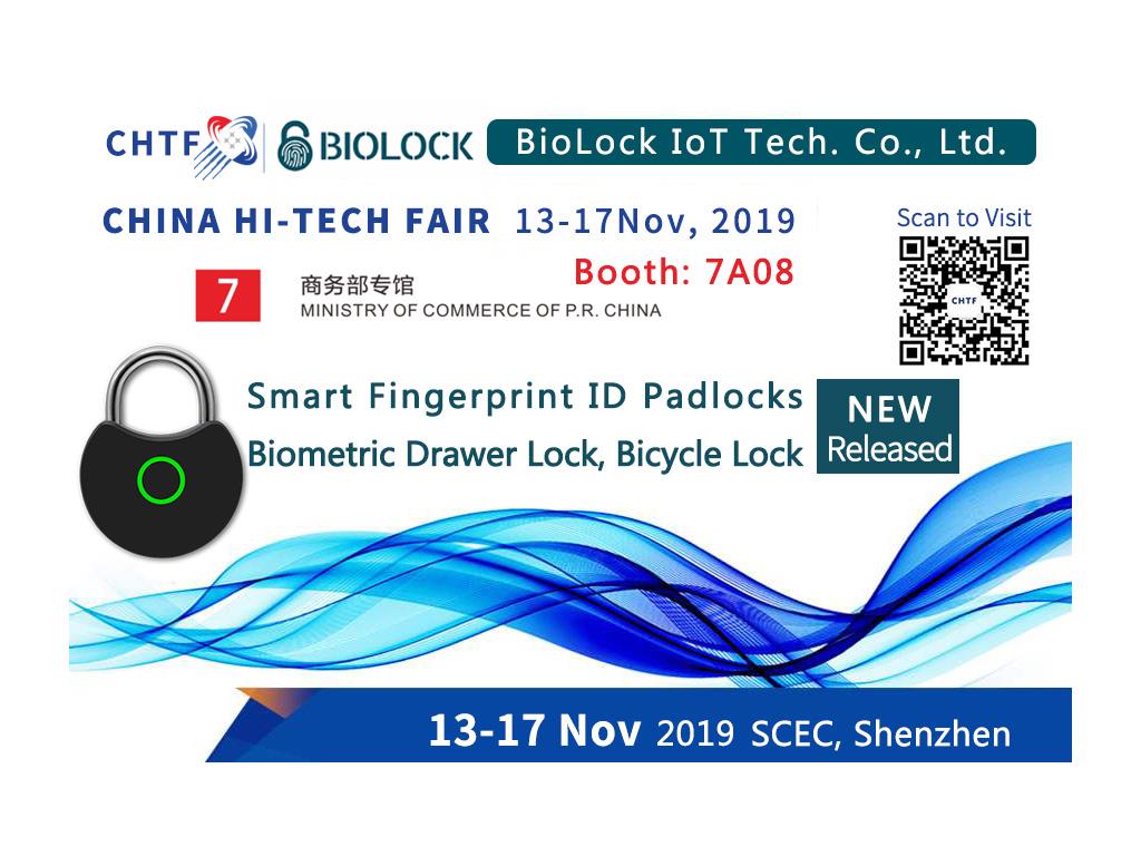 BioLock China Hi-Tech Fair 2019 poster showing smart fingerprint padlocks and bicycle locks