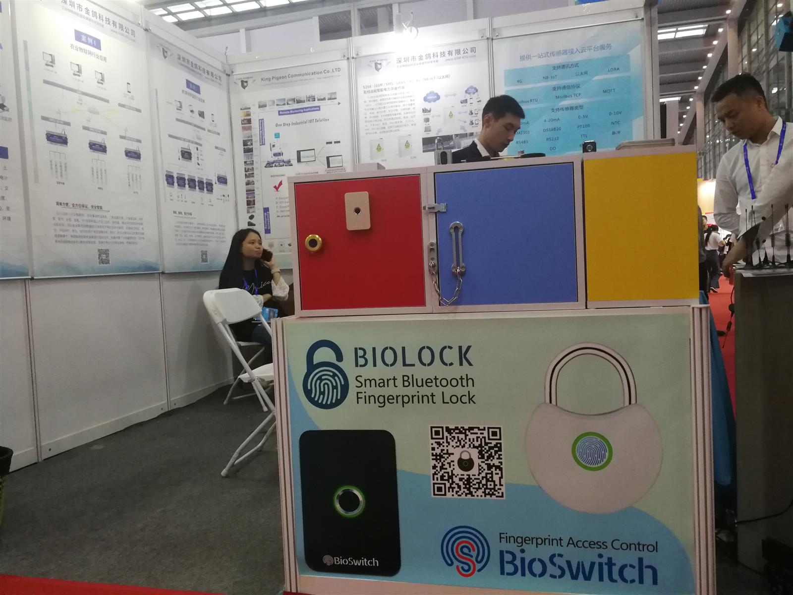 BioLock branded booth displaying fingerprint padlocks at China Hi-Tech Fair in Shenzhen